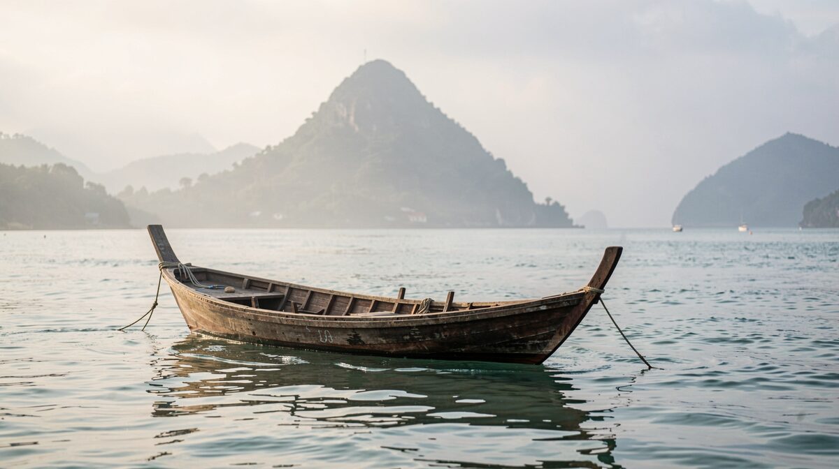 Ein Holzboot im Morgenneben auf der Mer d'Émeraude, im Hintergrund der Zuckerhut, seitliche Aufnahme im weiten Format.