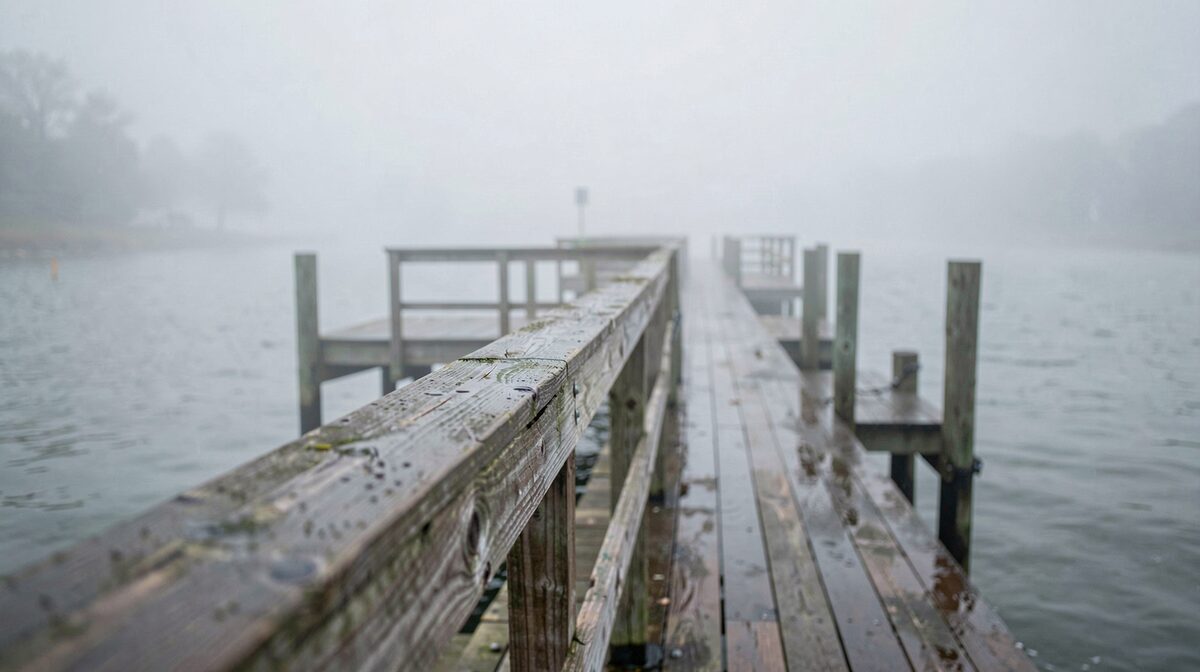 Ein nasses Holzsteggeländer an der Chesapeake Bay am frühen Morgen, Nebel über dem Wasser, Blick entlang des Geländers in Perspektive