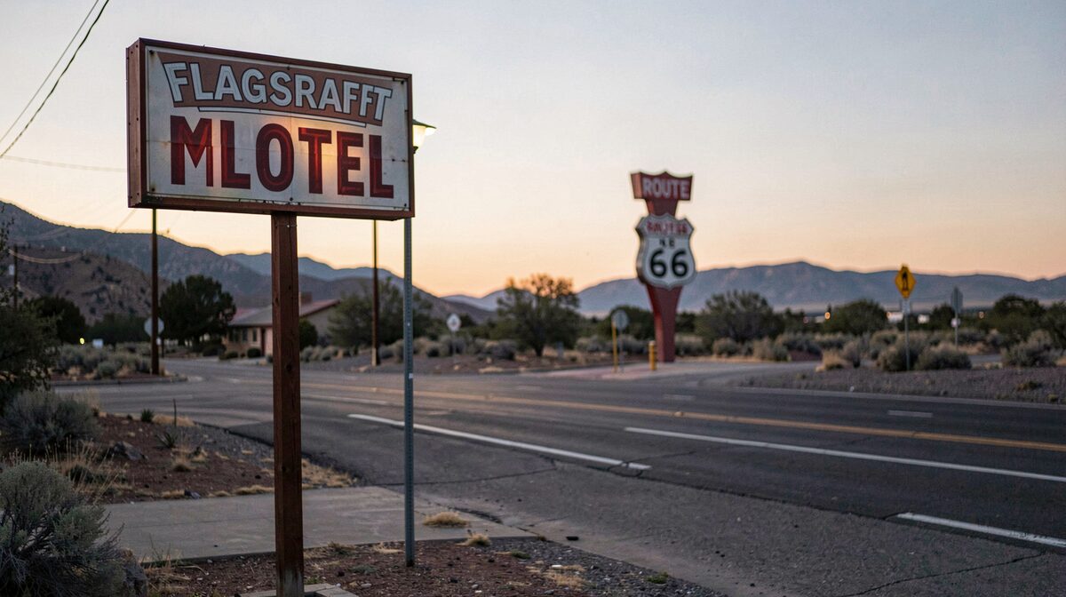 Ein Motelschild am Straßenrand in Flagstaff bei Abendlicht, aufgenommen aus leicht erhöhter Perspektive mit der Route 66 im Hintergrund.
