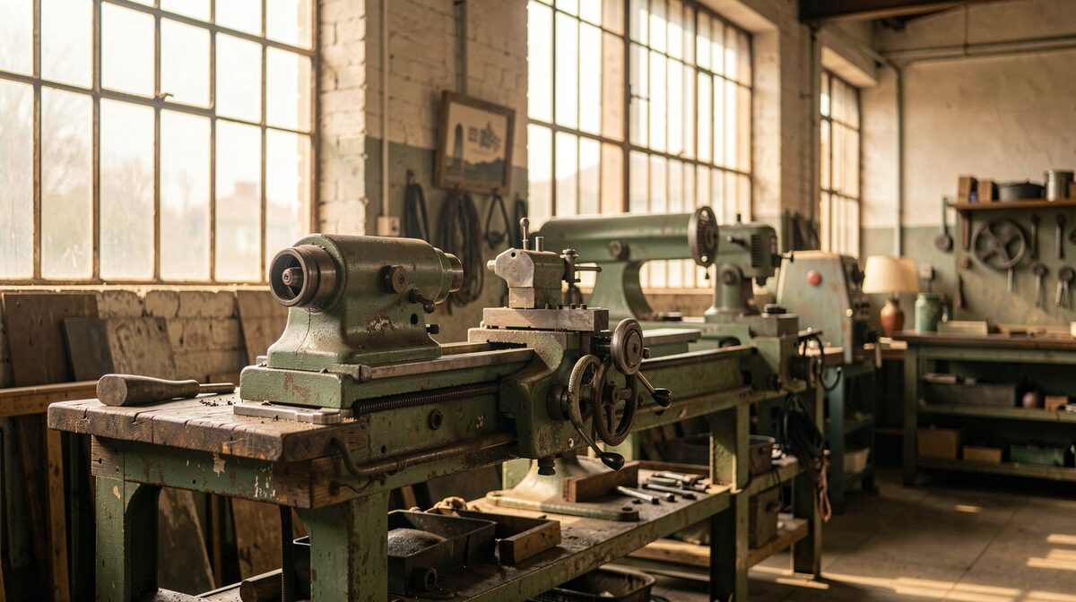 Eine alte Werkstatt mit Drehbank und Werkbank, warmes Licht durch hohe Industriefenster, seitlicher Schärfentiefebereich.