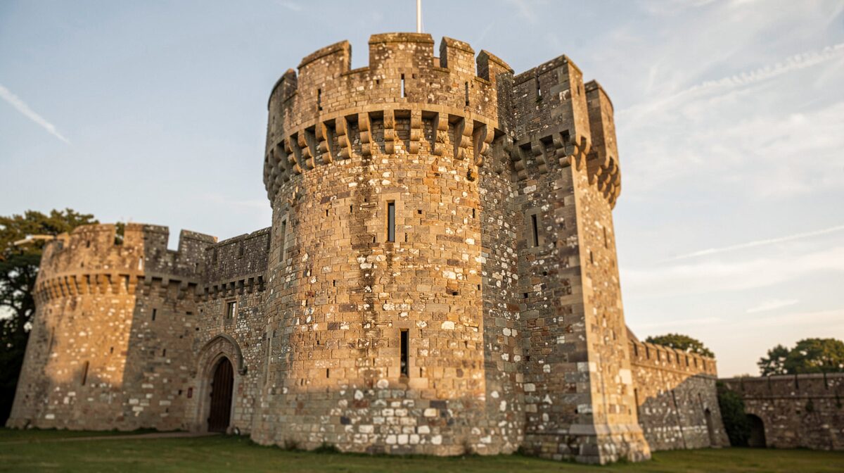 Der Turm einer normannischen Burg in Essex, aufgenommen von unten im warmen Nachmittagslicht, Kieselsteinmauerwerk im Fokus