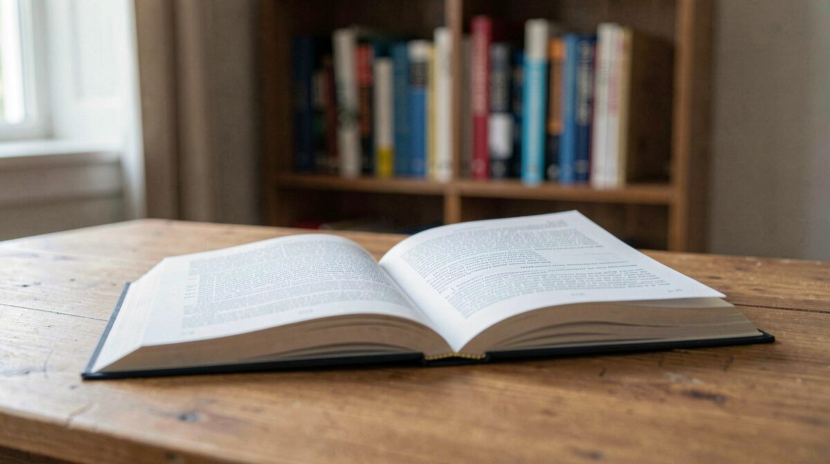 Ein aufgeschlagenes Fachbuch über Weiterbildung auf einem hölzernen Schreibtisch, Tageslicht von der Seite, Nahaufnahme mit unscharfem Regal im Hintergrund.