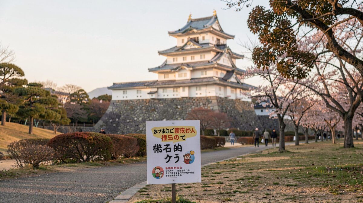 Die denkmalgeschützte Burg von Himeji am Nachmittag, aufgenommen von einem Fußweg im darunterliegenden Stadtpark, im Vordergrund ein Hinweisschild einer Bürgerinitiative.