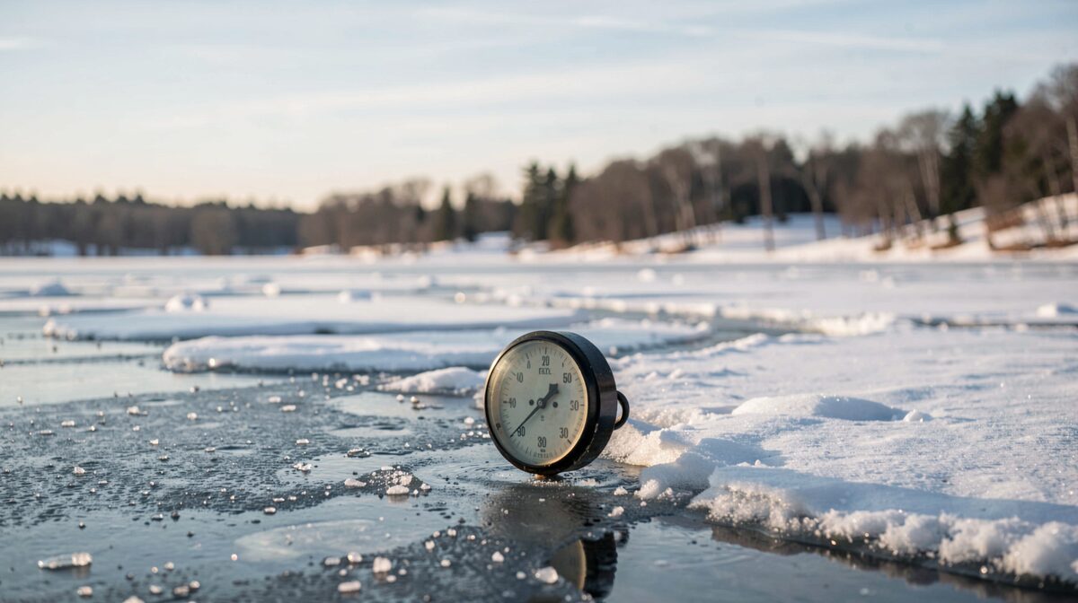 Ein zugefrorener See am Wintermorgen, im Vordergrund ein Maßstab zur Eisdickenmessung, seitliches Streiflicht, Querformat.
