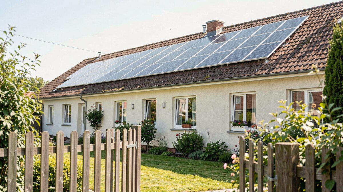 Ein Reihenhaus mit Photovoltaikanlage auf dem Dach bei hellem Nachmittagslicht, im Vordergrund ein offener Gartenzaun, leicht seitliche Aufnahme.